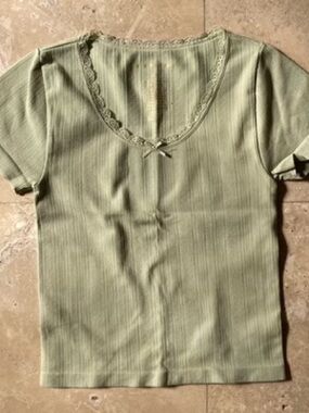 Pink Rose Light Green Lace-Trim Ribbed Short Sleeve Tee
